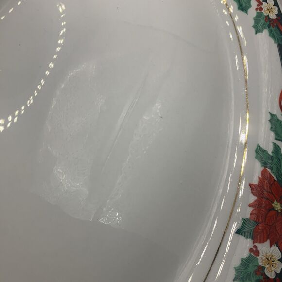Vintage Poinsettia Christmas Platter Tienshan Fine China Deck the Halls Oval 14" - Picture 4 of 7